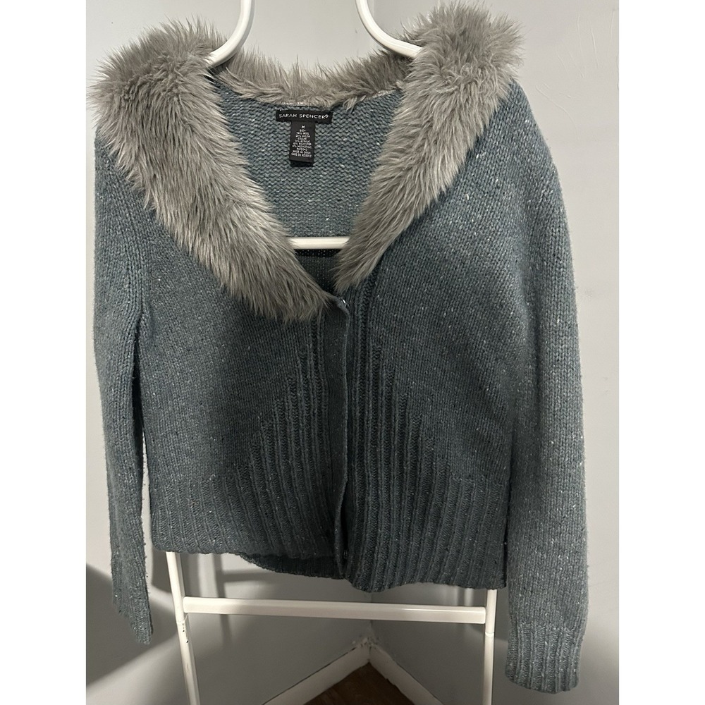 Sarah Spencer Womens Long-Sleeve Chunky Knit Wool Cardigan Faux Fur Collar.